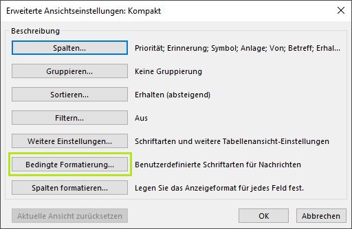 Ansichtseinstellungen Outlook
