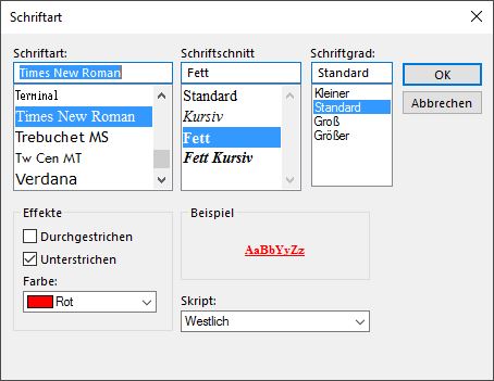 Schriftart Formatierung