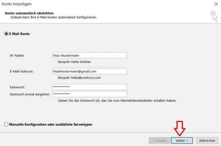 Formular Gmail Konto bei Outlook hinzufügen