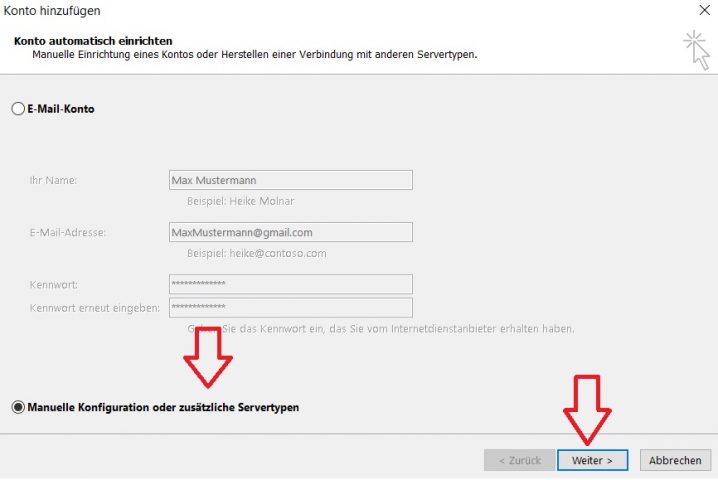 Gmail Konto bei Outlook manuell einrichten 2