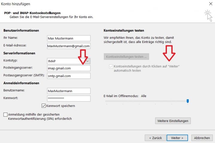 Gmail Konto bei Outlook manuell einrichten 4