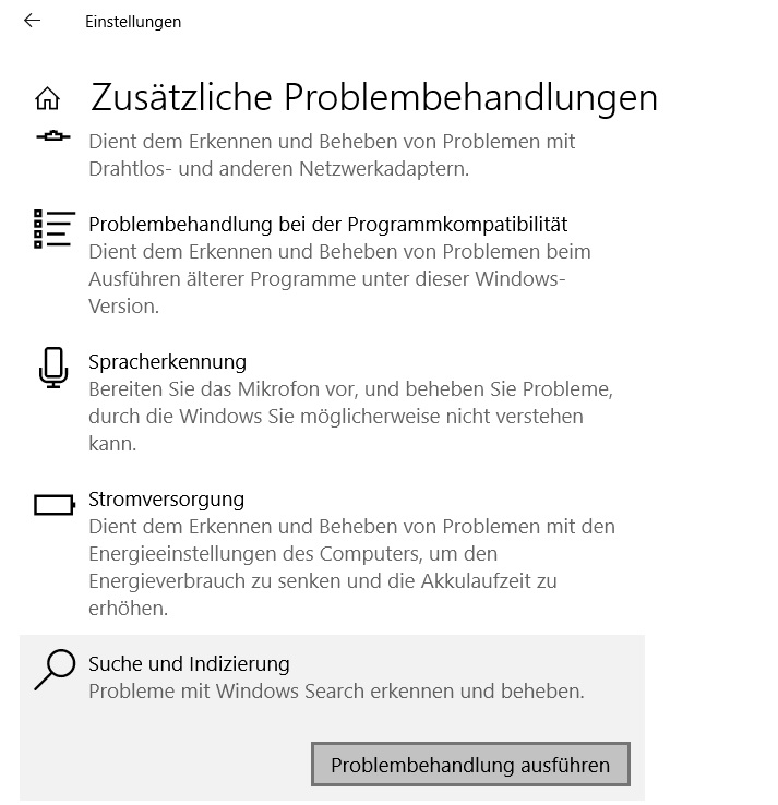 Einstellungen Problembehandlung