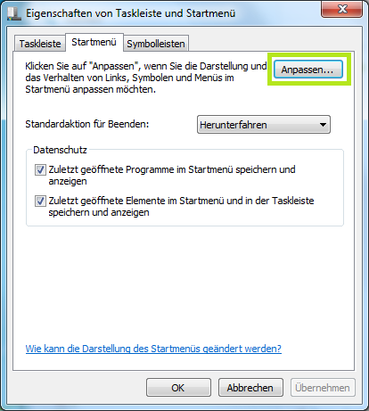 Eigenschaften Taskleiste und Startmenü