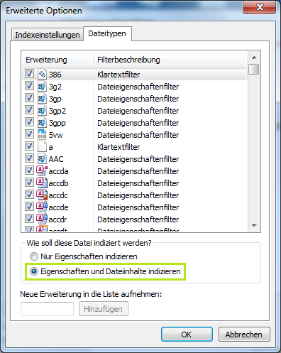 Indizierungseinstellungen