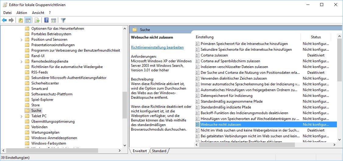 Websuche deaktivieren
