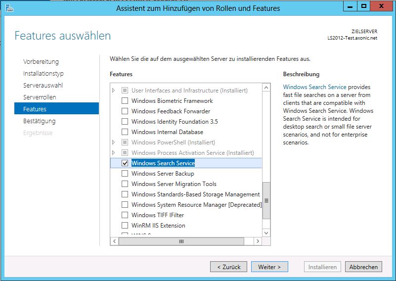Installieren Sie das Feature Windows Search Service