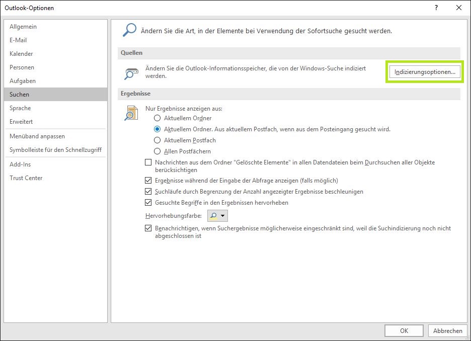 Outlook 2016 Indizierungsoptionen