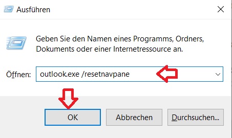 outlook.exe /resetnavpane Ausführen