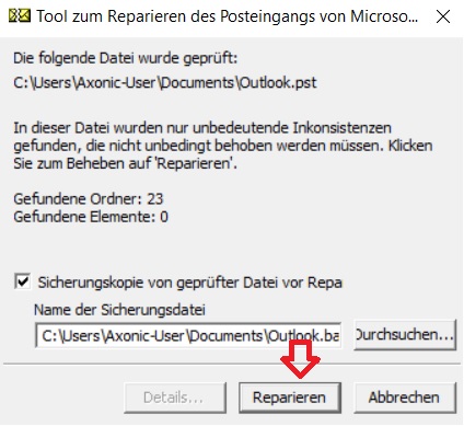 Doppelklick auf Scanpst.Exe Reparieren