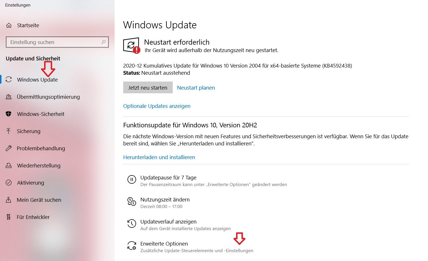 Systemsteuerung zu Windows Update zu Erweiterte Optionen