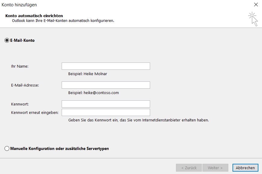 Outlook Benutzerdaten Konto hinzufügen