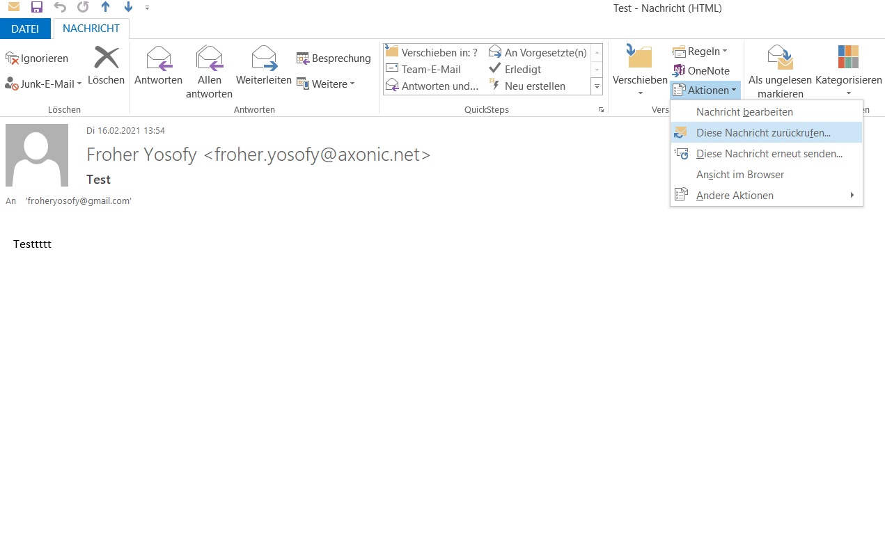 Outlook Nachricht zurückrufen Menü