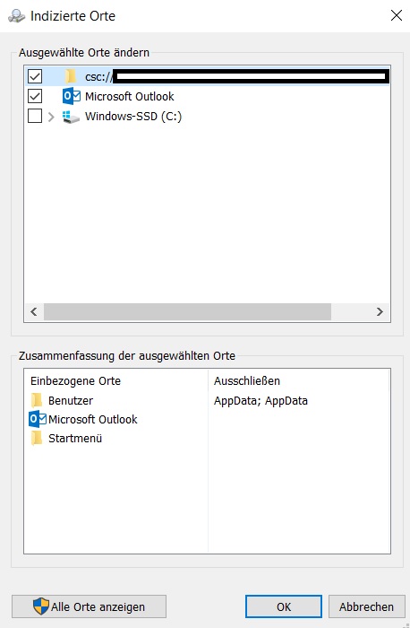 Windows Indizierungsoptionen