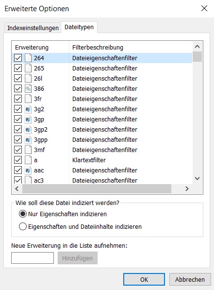 Erweiterte Indizierungsoptionen
