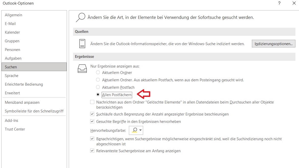 Outlook Sucheinstellung