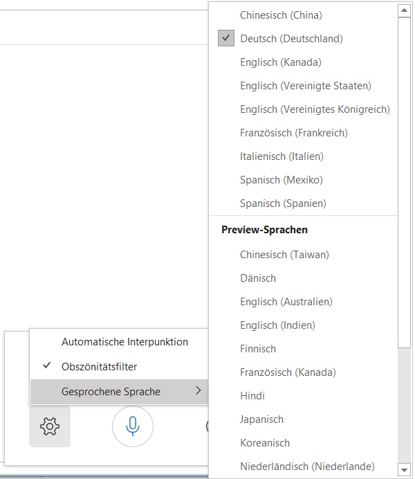 Outlook Diktiereinstellungen