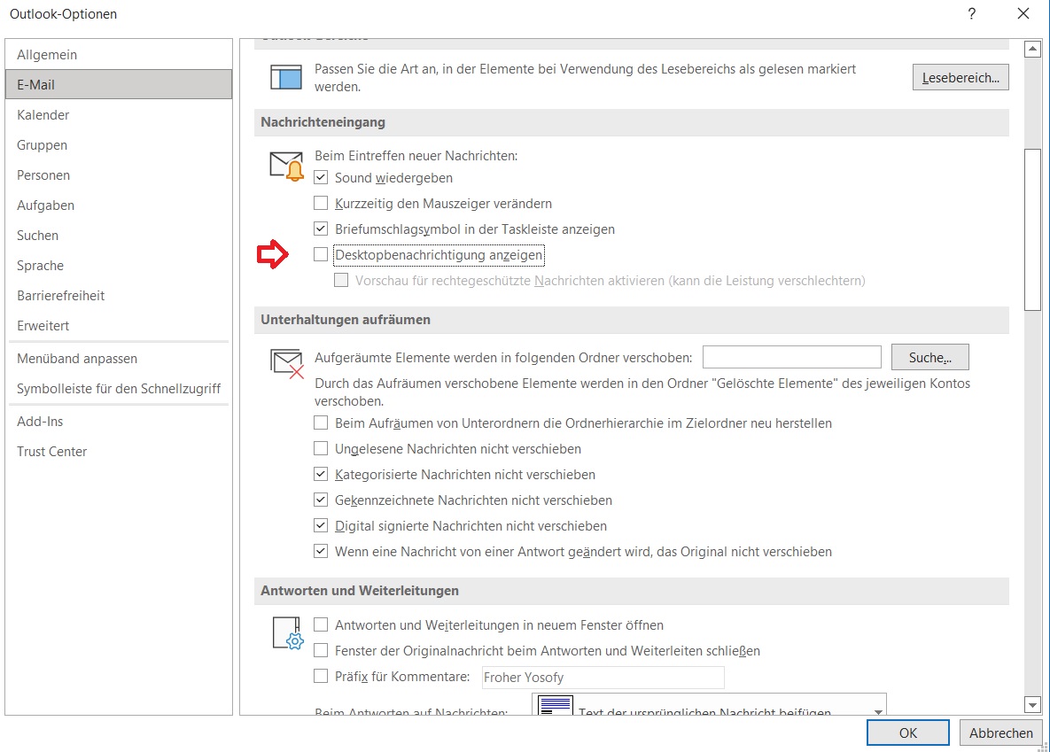 Popups entfernen Outlook