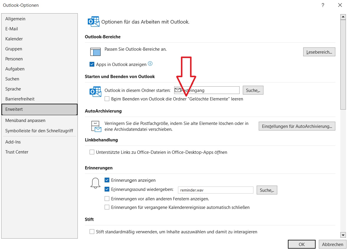 Outlook Erweiterte Optionen automatisches Löschen verhindern