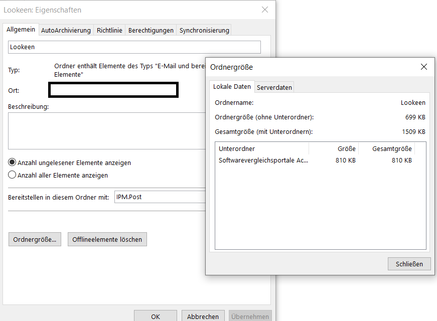 Outlook Ordnergröße herausfinden