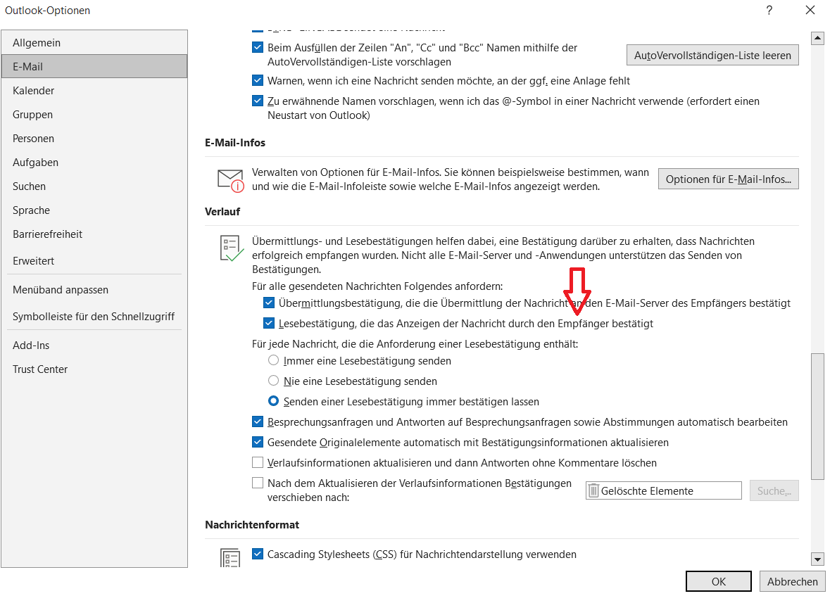 Outlook Lesebestätigung aktivieren